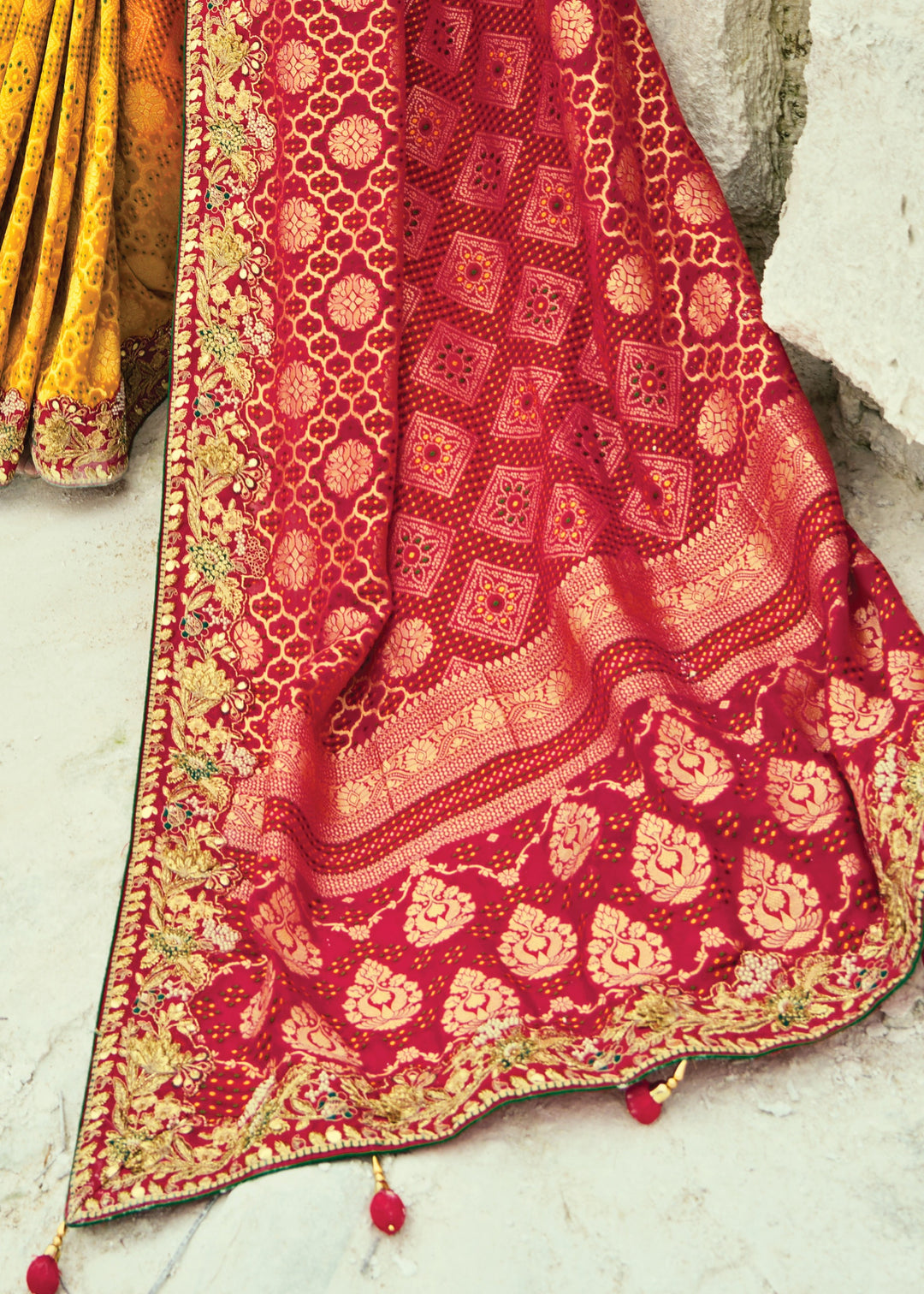 Yellow & Orange Georgette Bandhej Saree With Moti & Cut-Dana Handwork Border