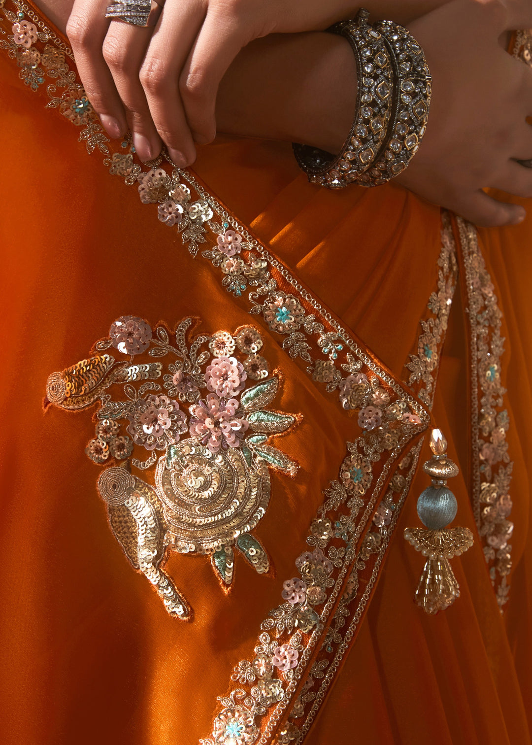 Bright Orange Fancy Silk Saree With Printed Blouse