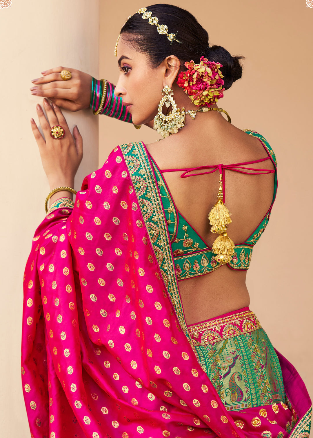 Sea Green Base Banarasi Silk Lehenga And Golden Zari Work