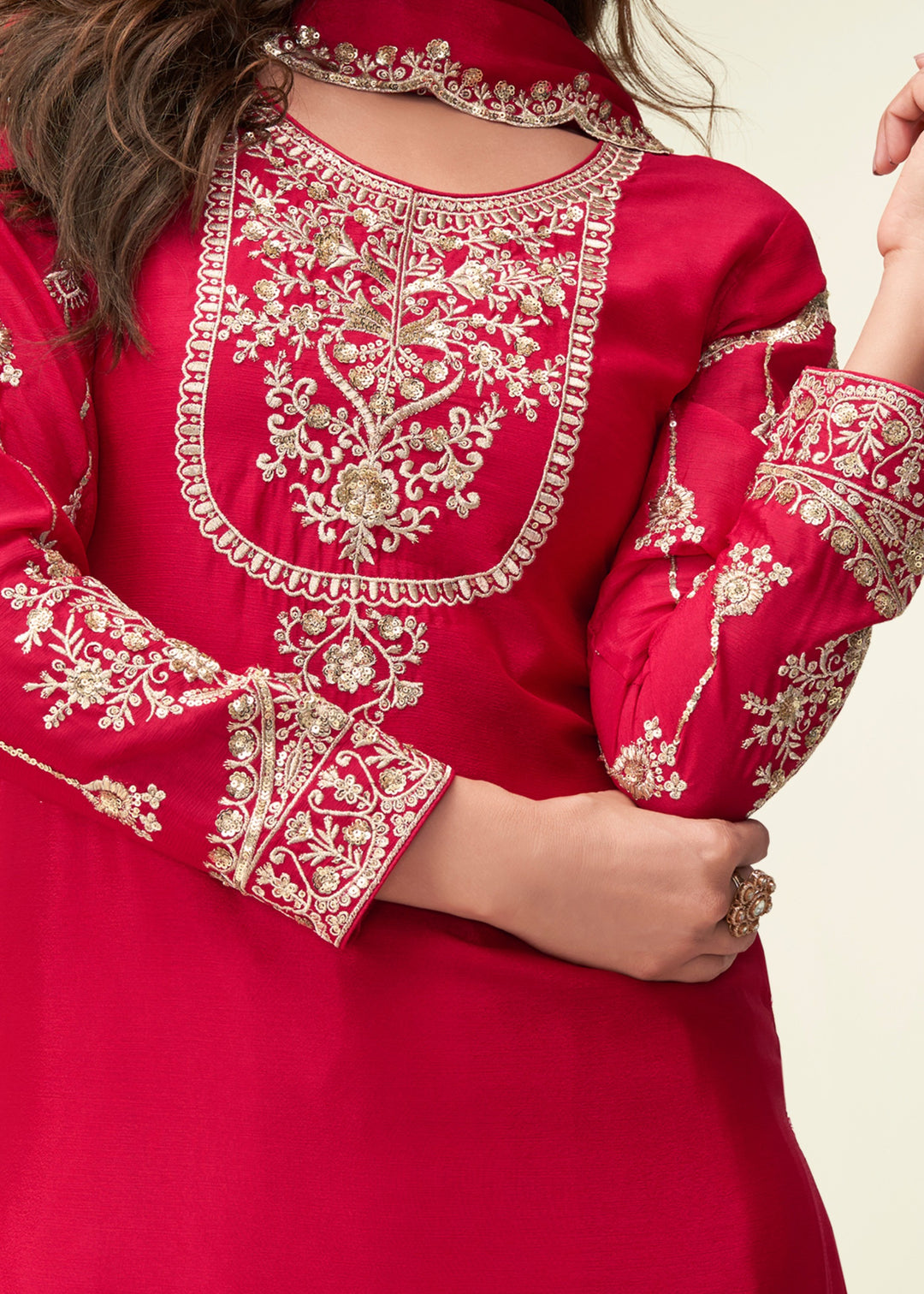 Bright Red With Golden Embroidery Chinnon Silk Salwar Suit