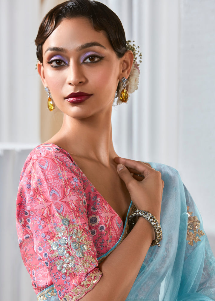 Sky Blue Fancy Silk Saree With Printed Blouse