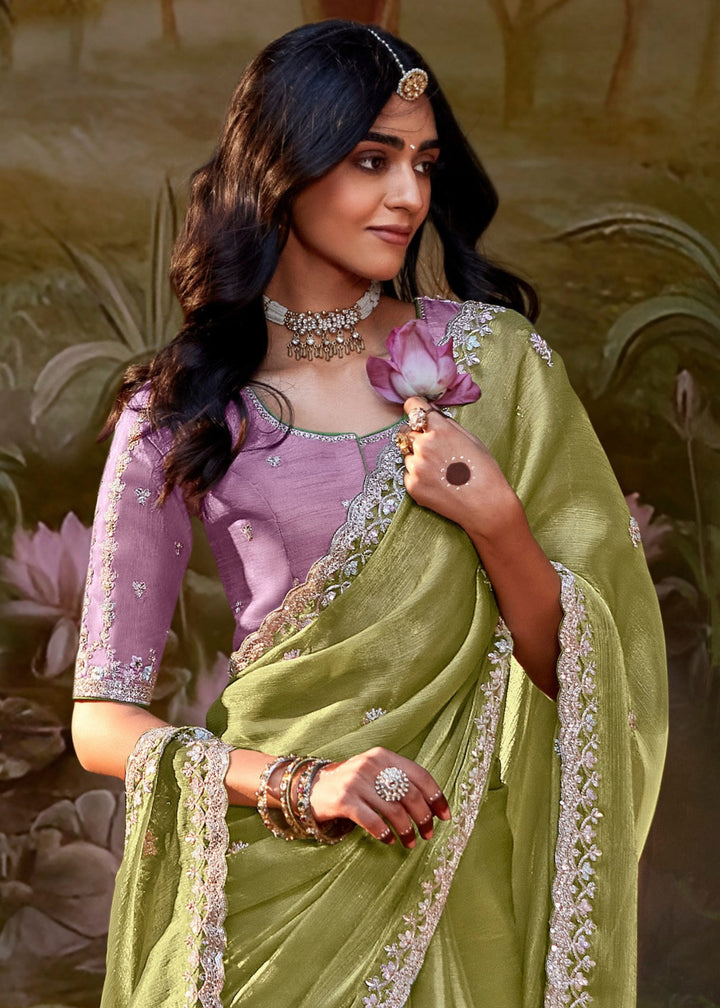 Lavender And Olive Green Saree With Embroidery And Handwork Designer Cut Border