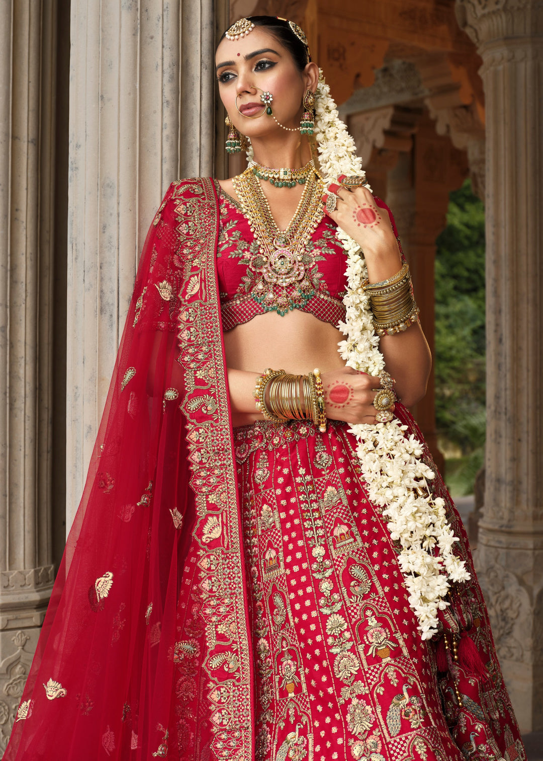 Currant Red Heavy Bridal Silk Lehenga With Khatli And Embroidery Work