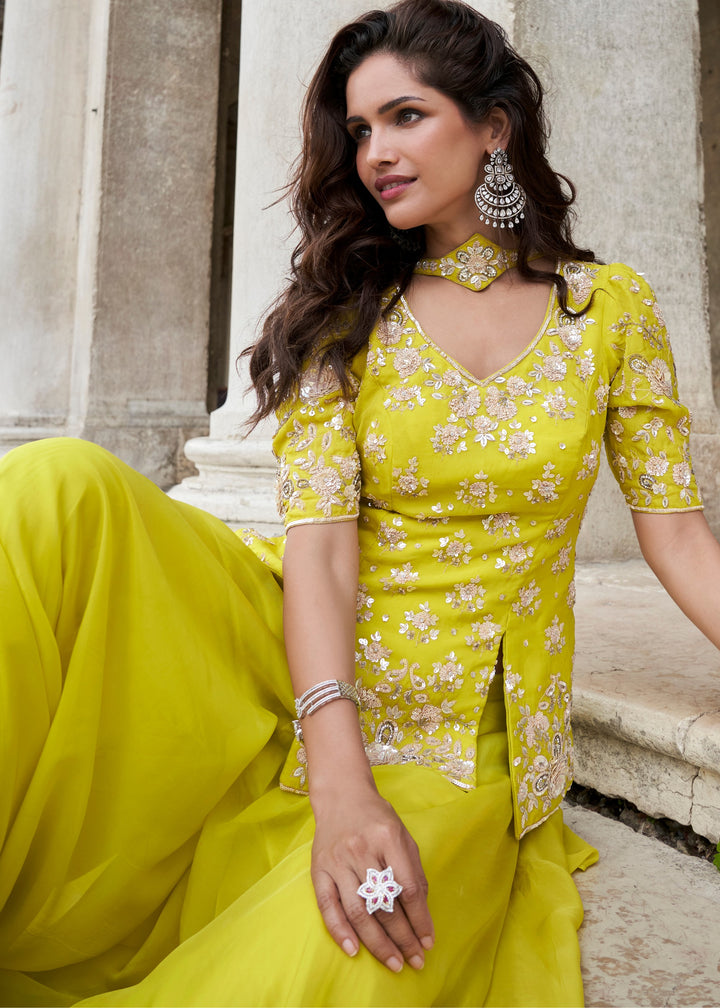 Lemon Yellow Organza Silk Palazzo Suit With Designer Dupatta