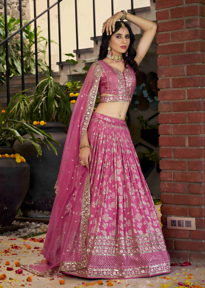 Pink Sequins and Zari Embroidery Work Silk Lehenga