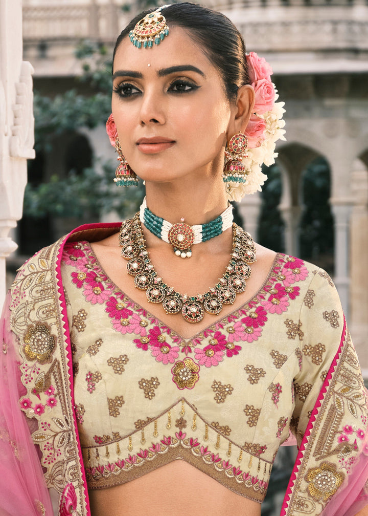 Off-White Fancy Silk Lehenga Choli With Cut Work Embroidery Border & Stone Work