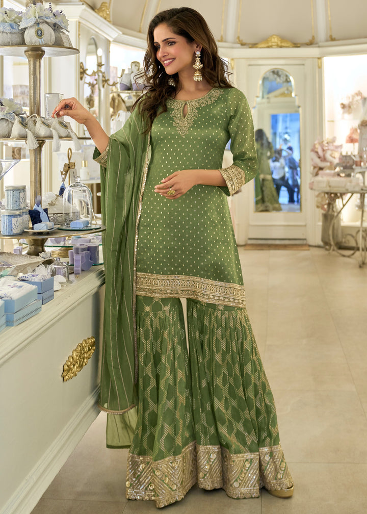 Green Viscose Simar Jacquard Silk Palazzo Suit