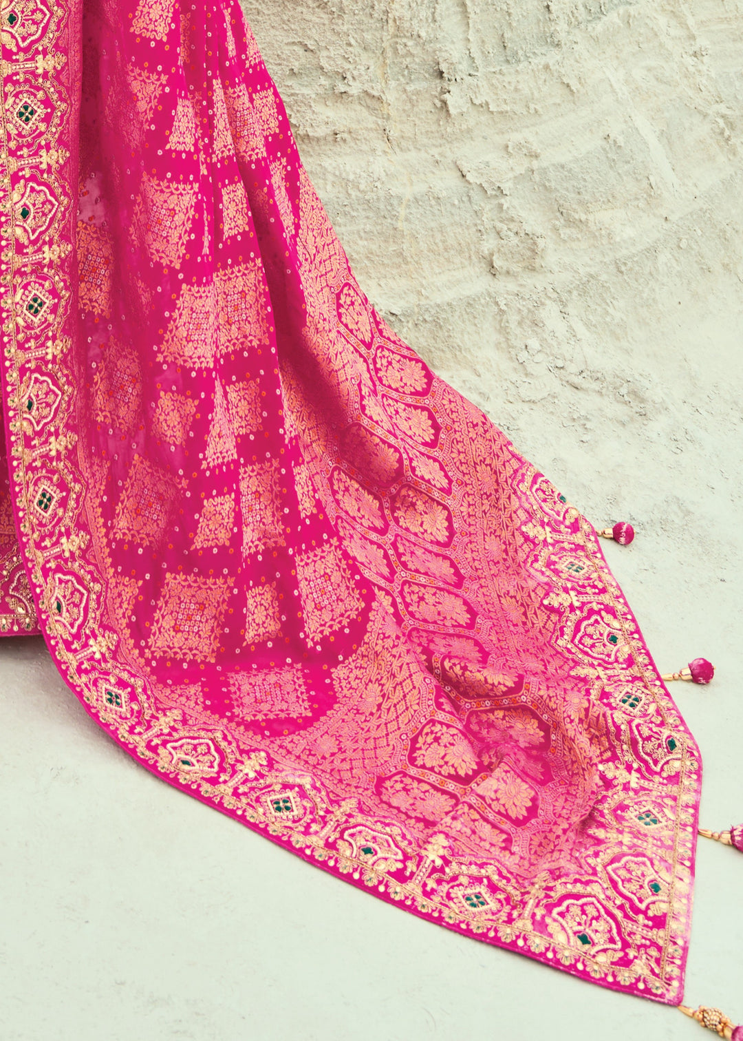Hot Pink Georgette Bandhej Saree With Moti & Cut-Dana Handwork Border