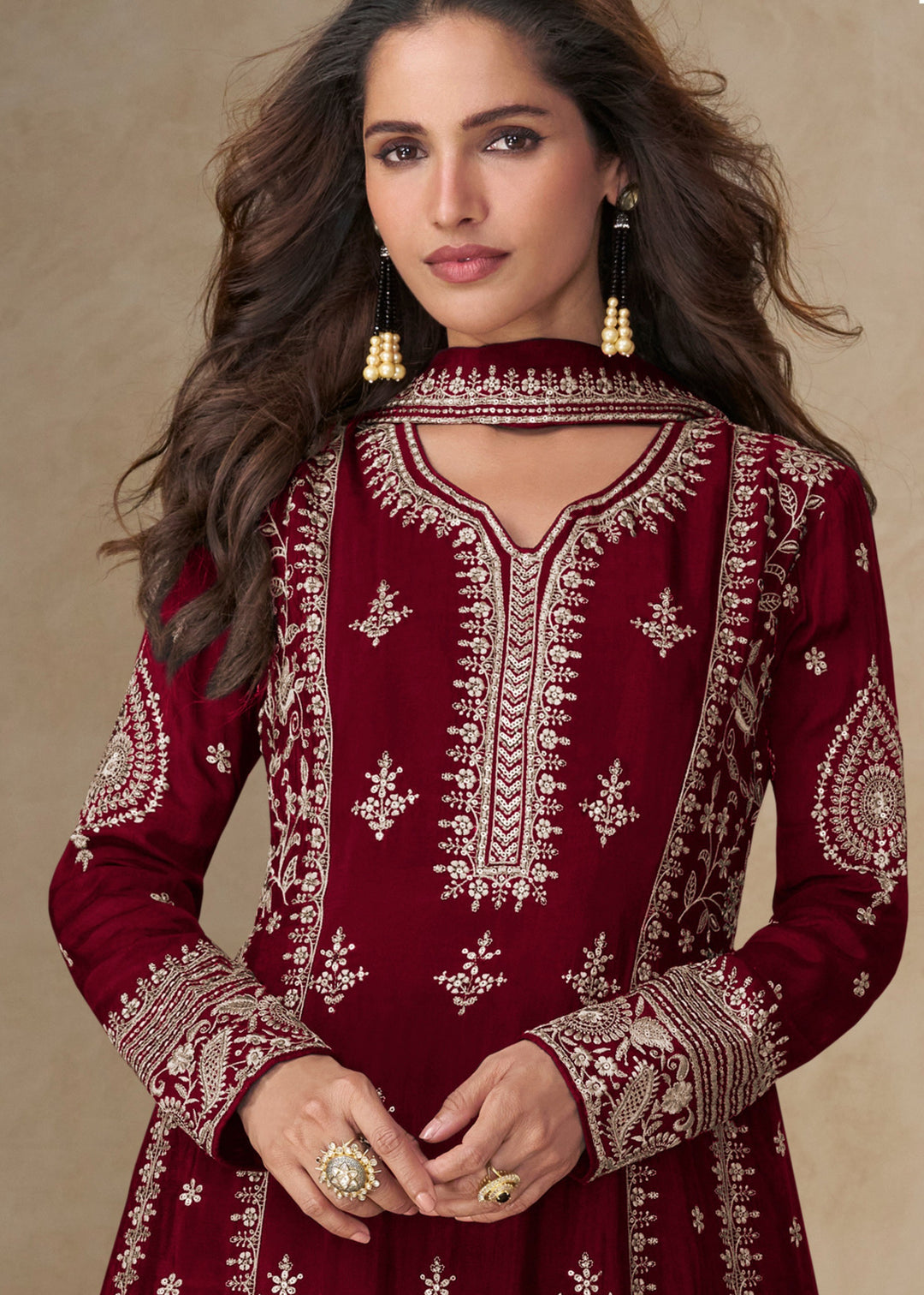 Garnet Red Chinon Silk Suit With Embroidery Work
