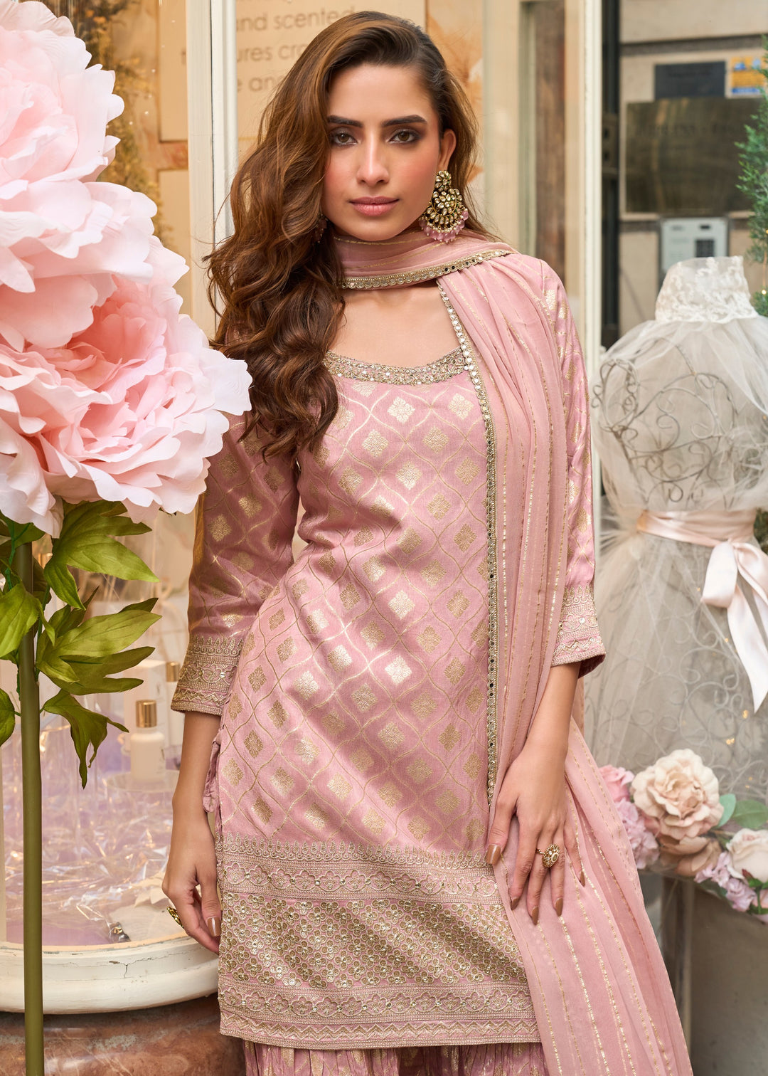 Pastel Pink Viscose Simar Jacquard Silk Palazzo Suit