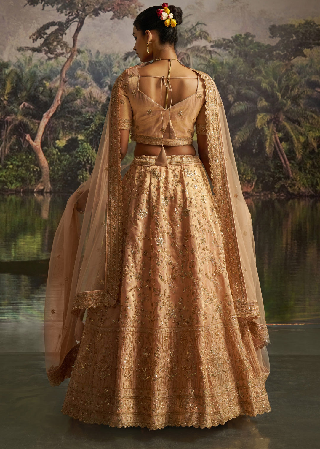 Peachy Rose Gold Gota Silk Lehenga With Embroidery