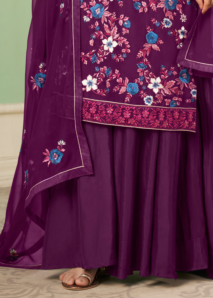 Byzantine Purple Georgette Salwar Suit with Multi Colour Thread Embroidery & Sequence work