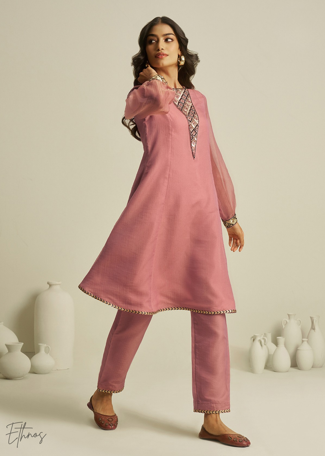 Peach Tissue Handwork Kurta With Pant