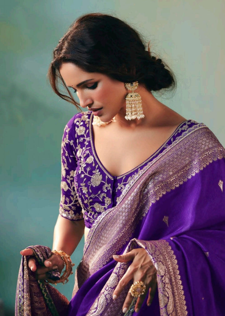 Royal Purple Pure Viscose Dola Silk Saree with Zari Weaving & Embroidered Blouse