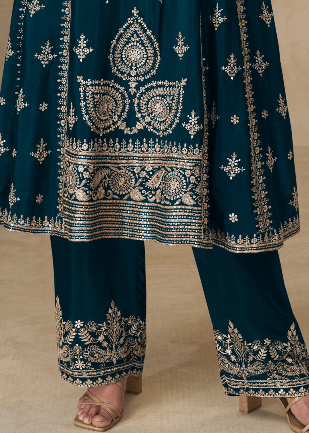 Aegean Blue Chinon Silk Suit With Embroidery Work