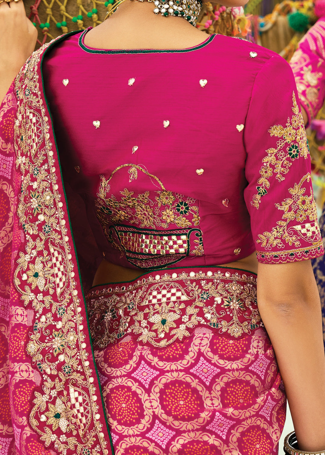 Rani Pink Georgette Bandhej Saree With Moti & Cut-Dana Handwork Border