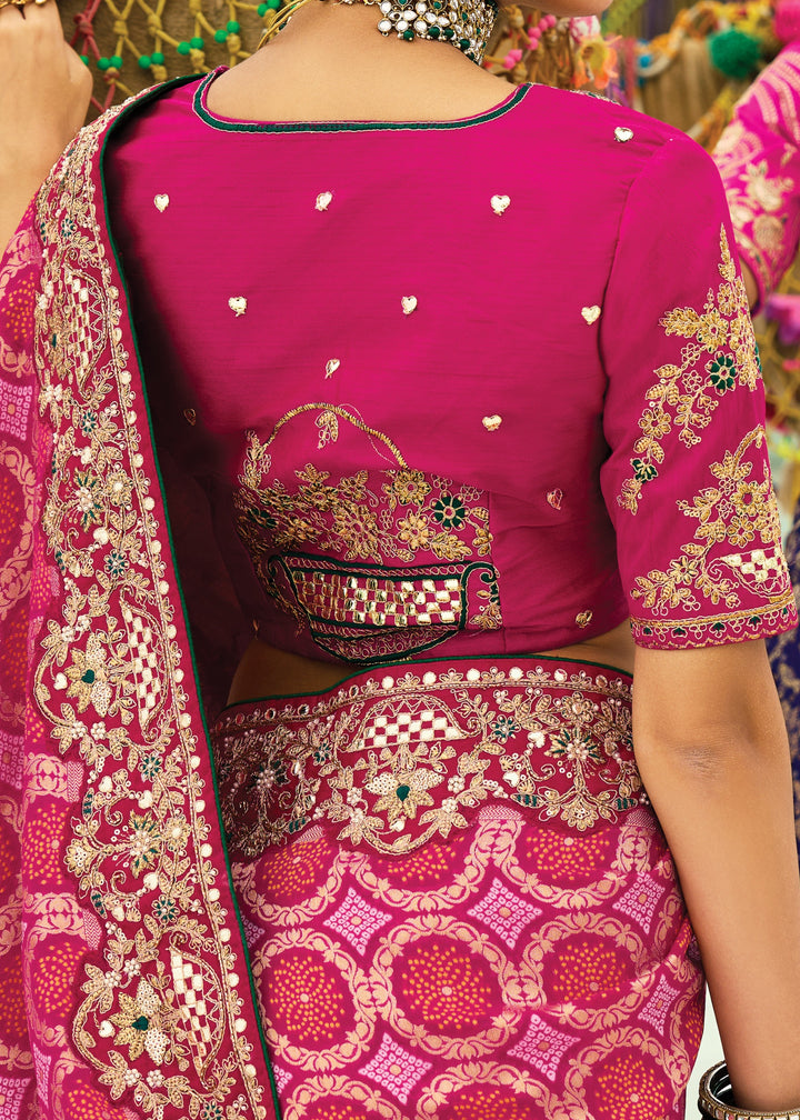 Rani Pink Georgette Bandhej Saree With Moti & Cut-Dana Handwork Border
