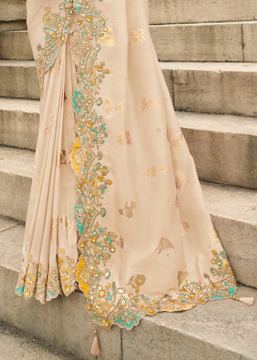 Cream Silk Saree With Embroidery