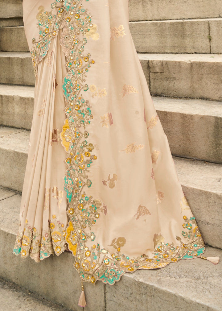 Cream Silk Saree With Embroidery