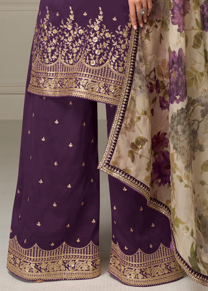 Dark Purple Palazzo Silk Suit With Floral Dupatta