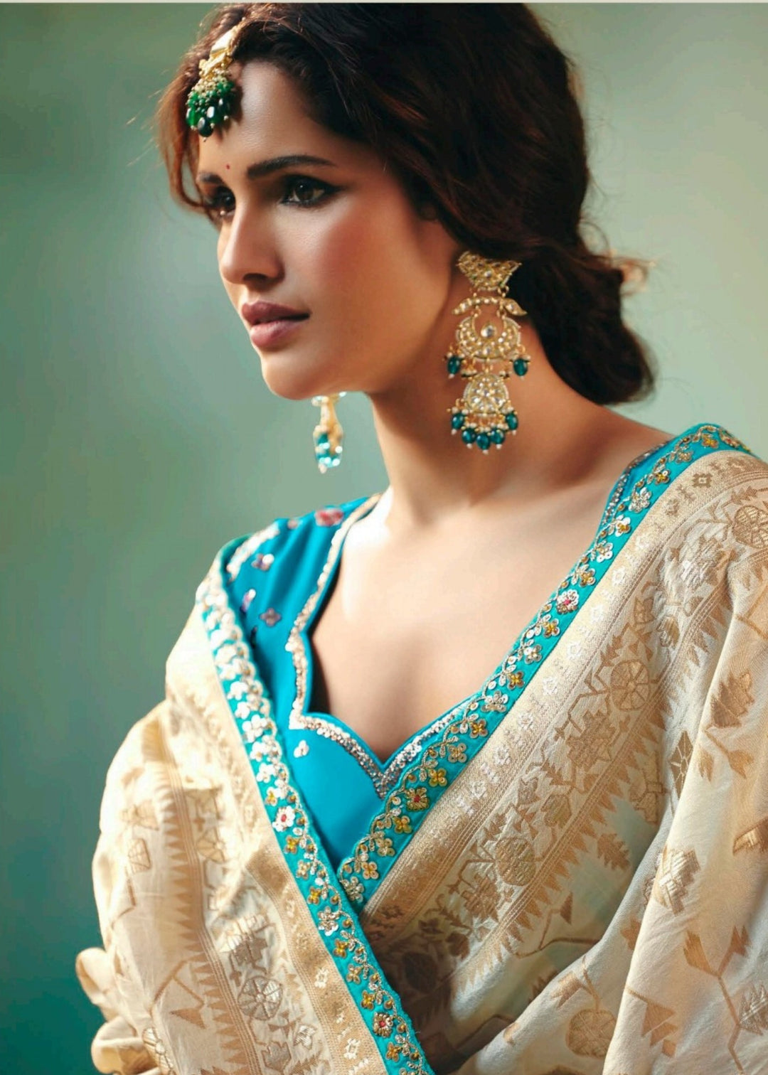 Off-White Pure Viscose Dola Silk Saree with Zari Weaving & Embroidered Blouse