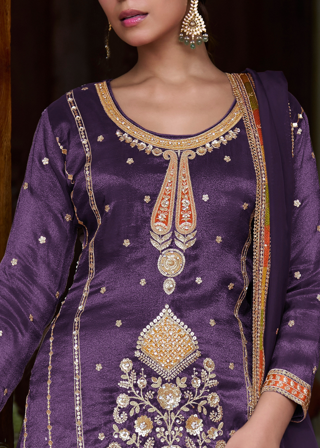 Regal Purple Simmer Silk Palazzo Suit With Embroidered Work