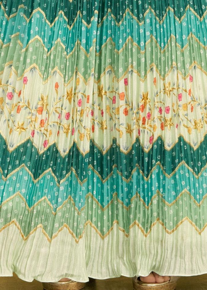 Shades Of Green Digital Printed Chinnon Lehenga with Thread,Zari & Sequins Work