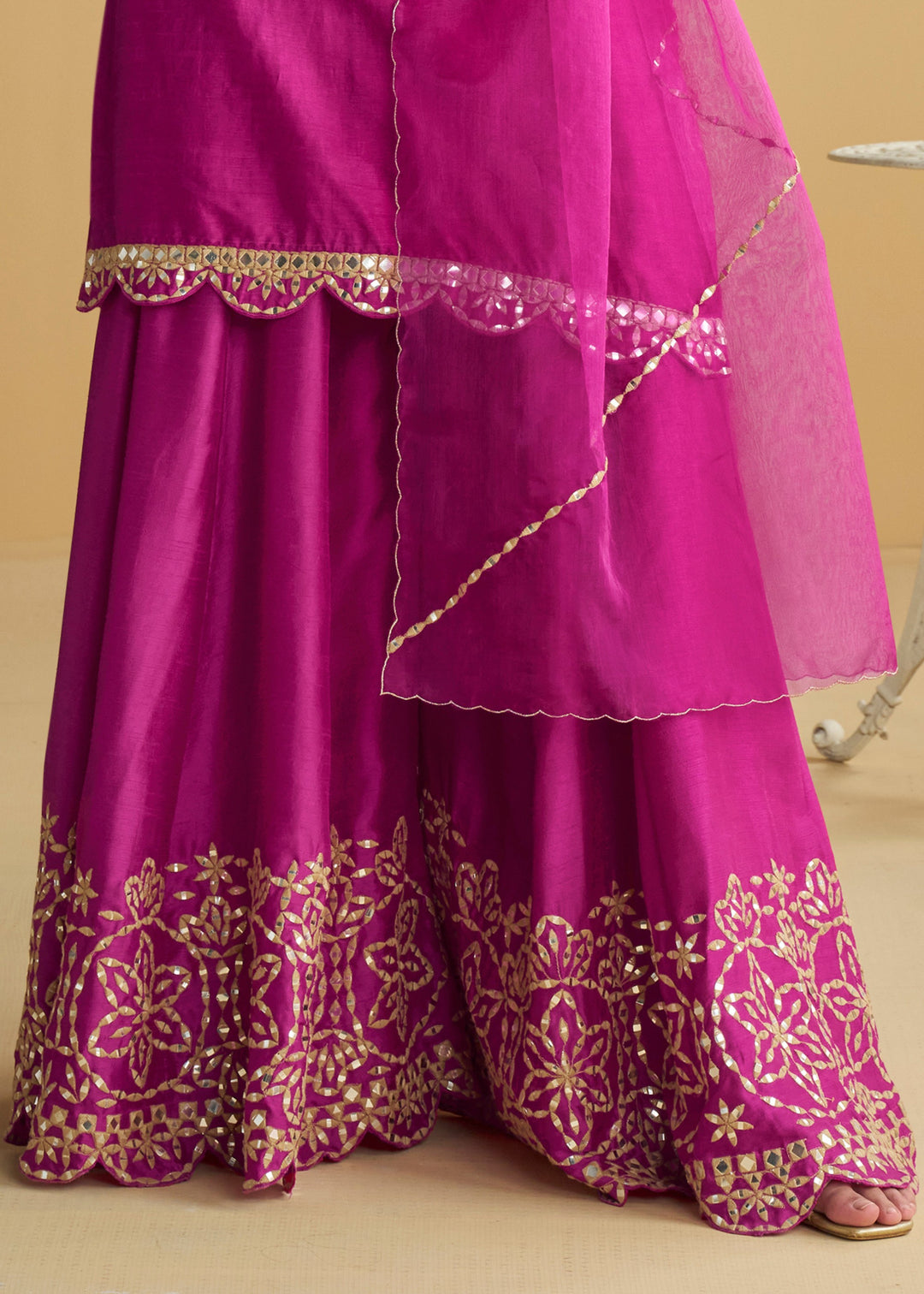 Bright Fuchsia Pink Silk Palazzo Suit With Gold Embroidery