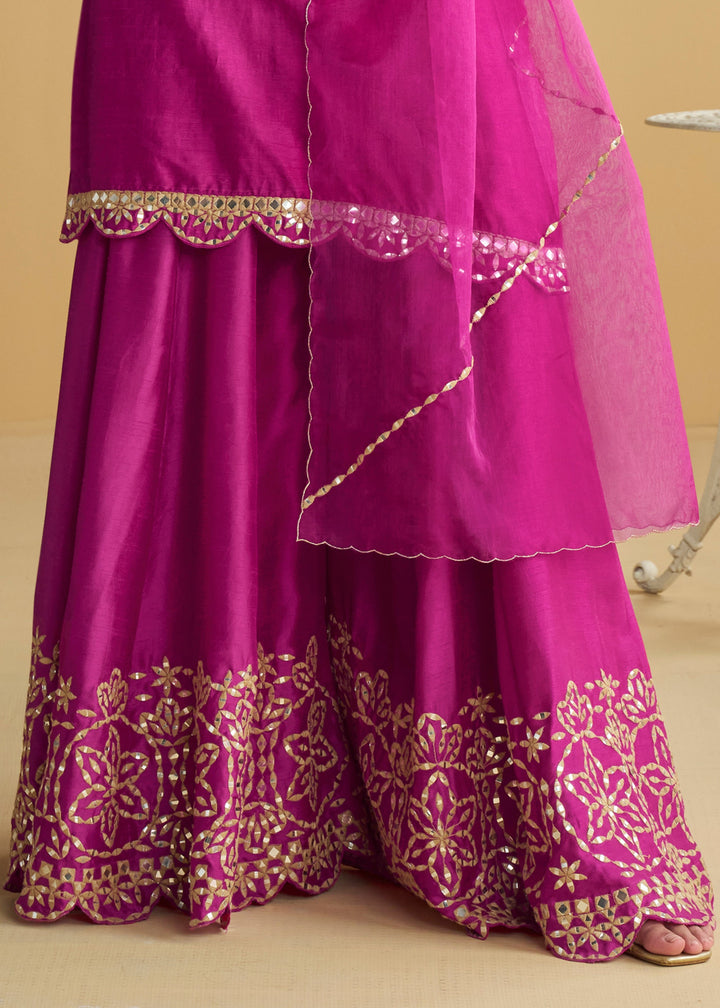 Bright Fuchsia Pink Silk Palazzo Suit With Gold Embroidery