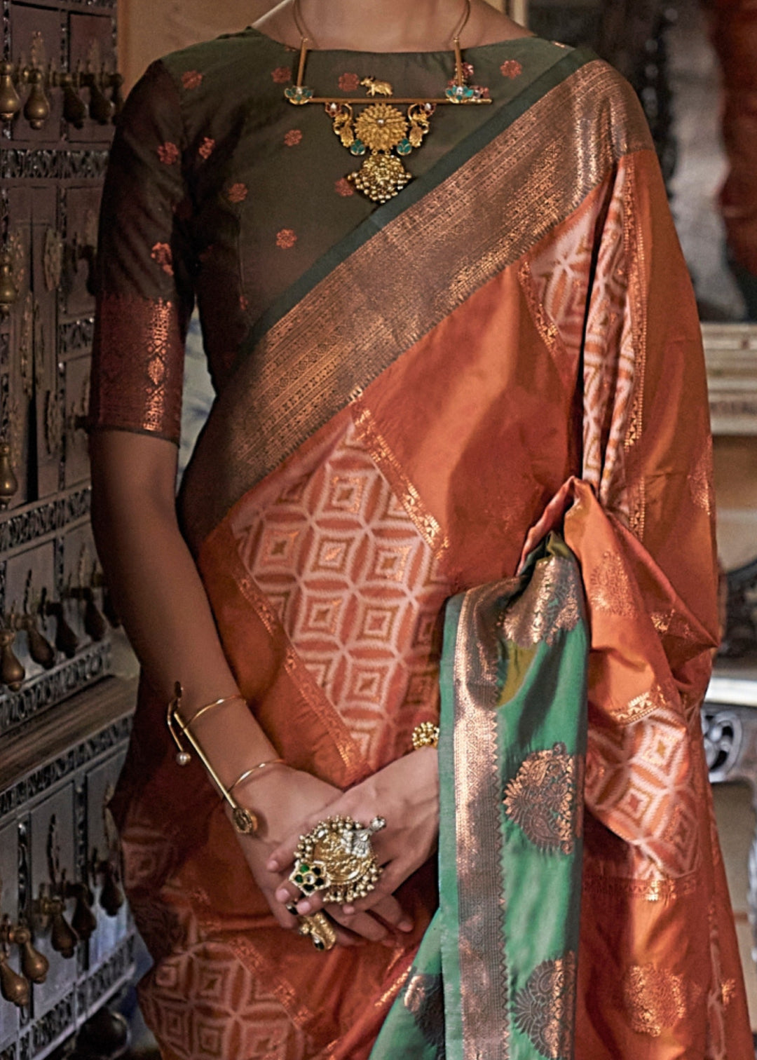 Rust Orange Pochampally Handloom Silk Saree