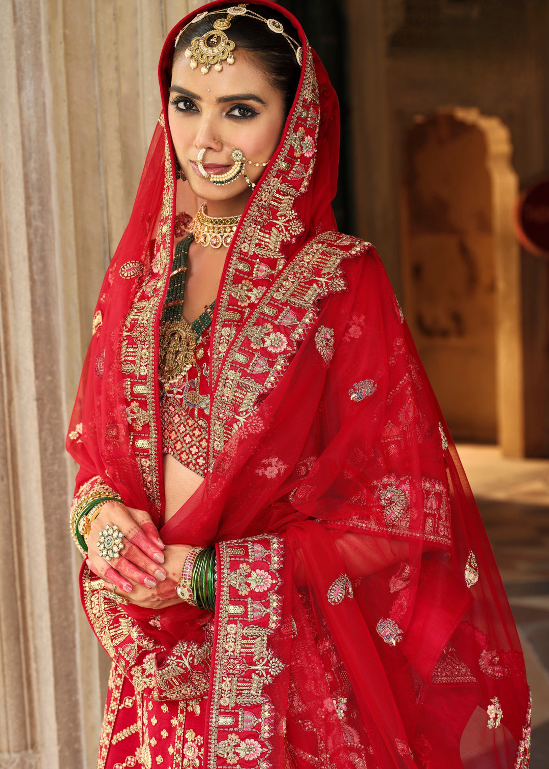 Crimson Red Heavy Bridal Silk Lehenga With Khatli And Embroidery Work