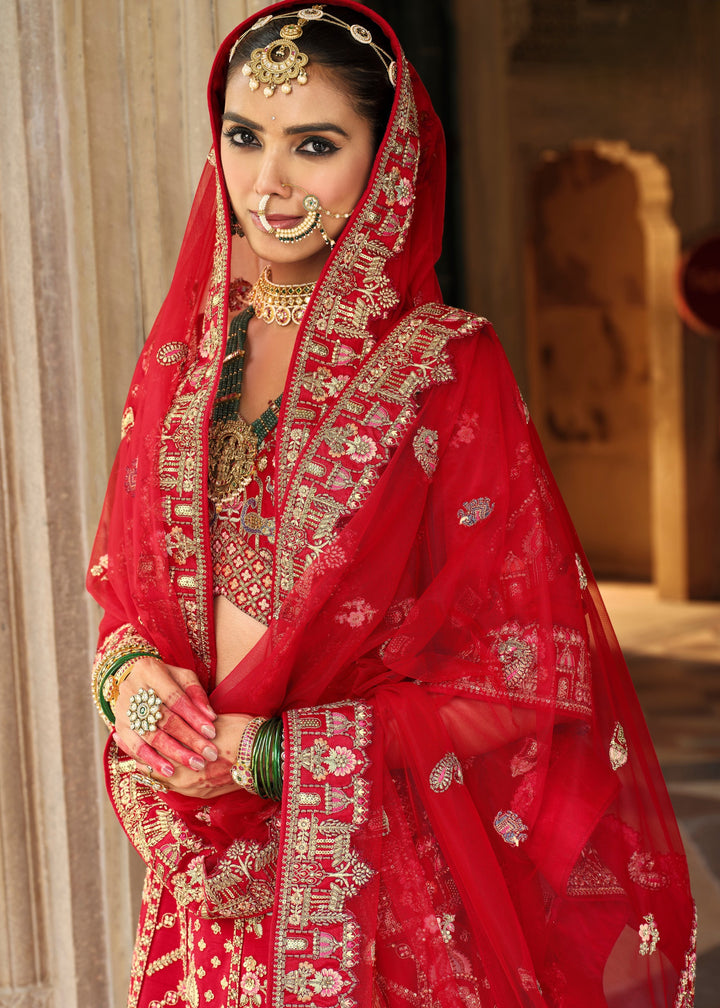 Crimson Red Heavy Bridal Silk Lehenga With Khatli And Embroidery Work