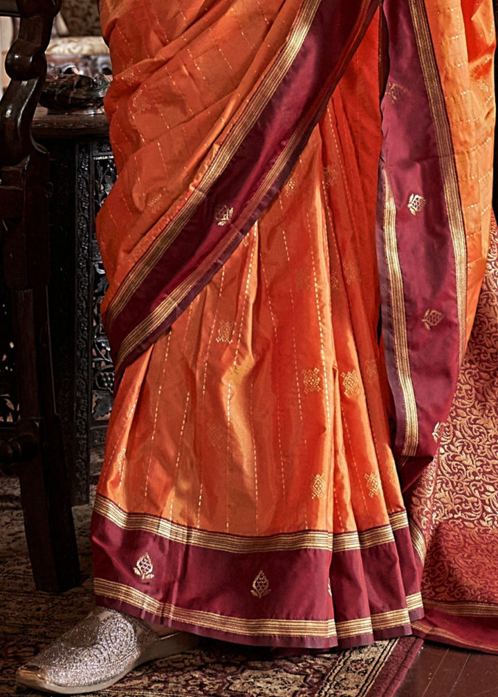Orange Tussar Silk Handloom Weaving Saree
