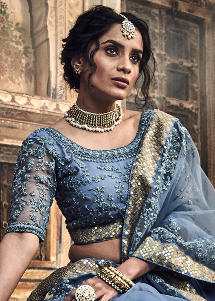 Cornflower Blue Soft Net Lehenga Choli with Dori & Zarkan work