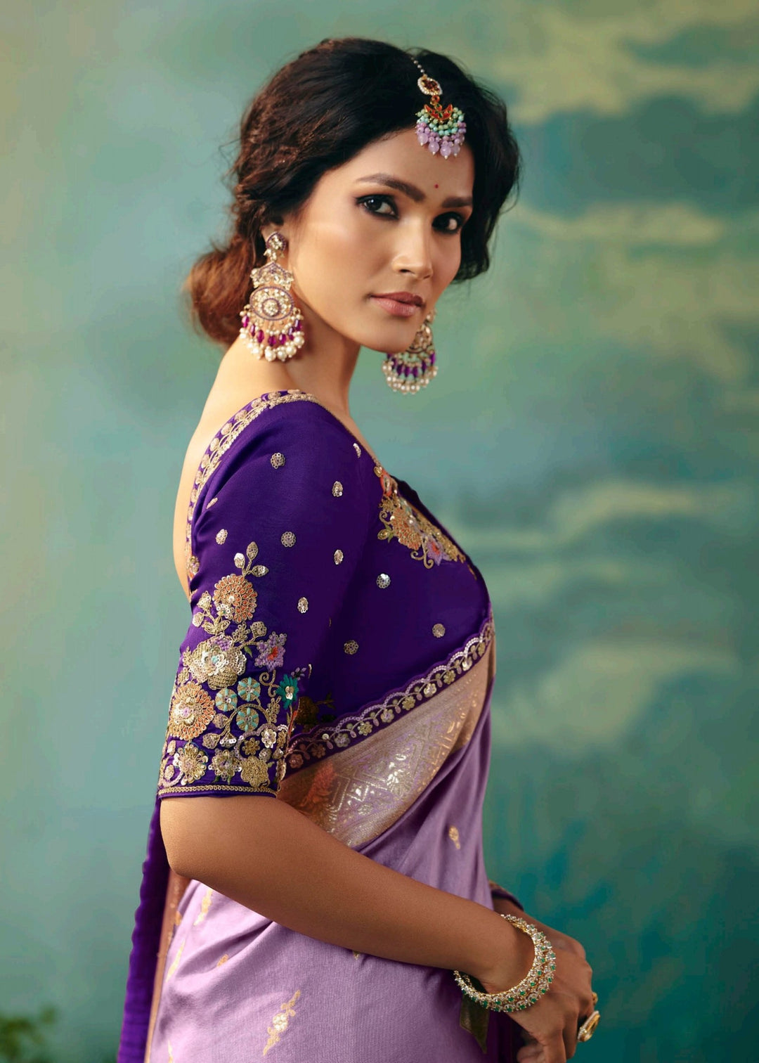Lavender Pure Viscose Dola Silk Saree with Zari Weaving & Embroidered Blouse : Top Pick