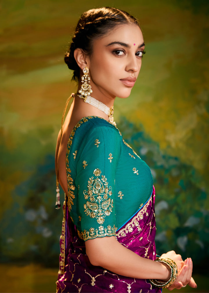 Plum Purple Saree With Embroidery And Handwork Designer Cut Border