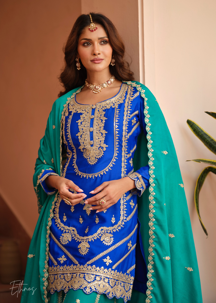 Royal Blue And Teal Green Silk Salwar Suit