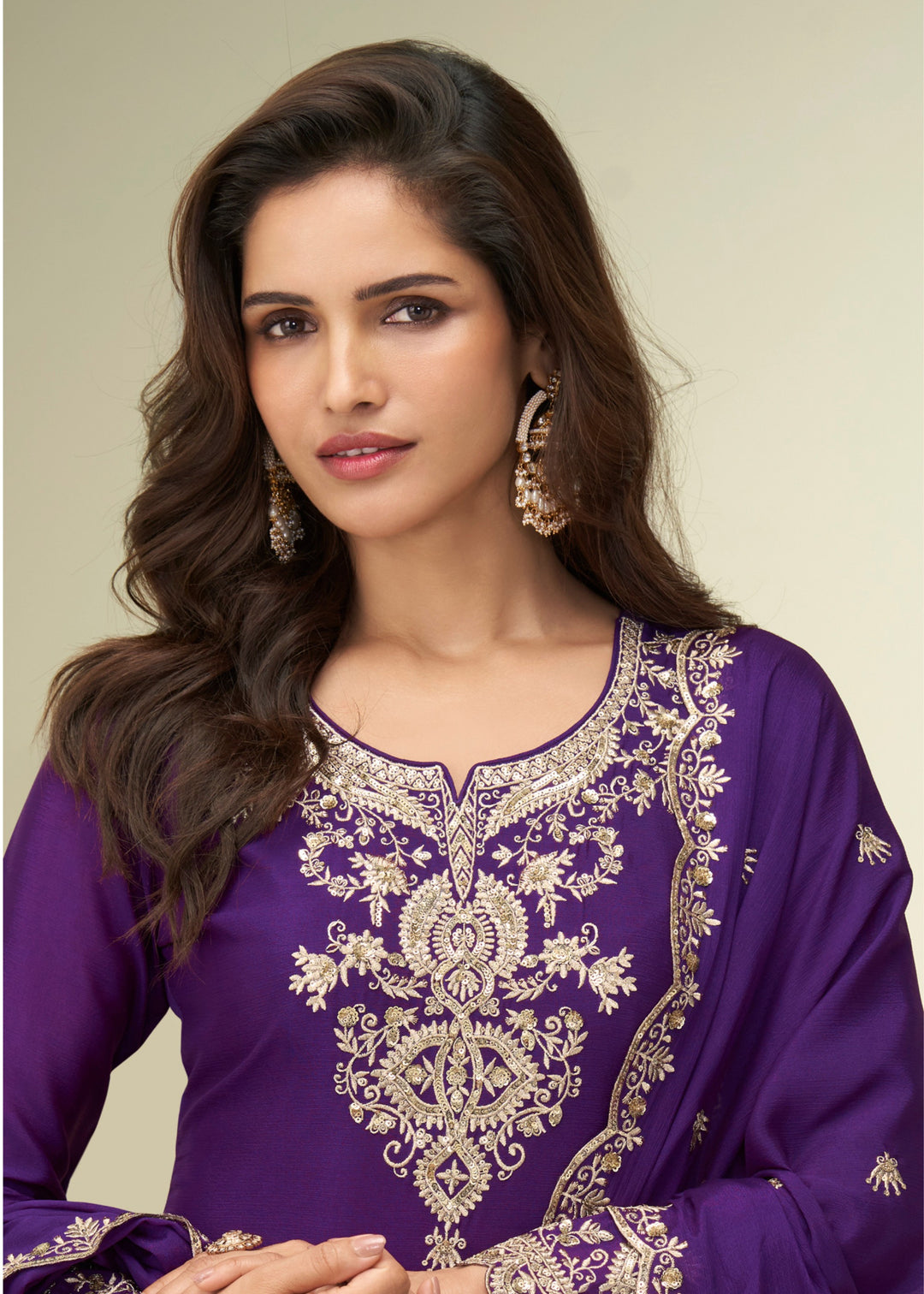 Deep Royal Purple With Golden Embroidery Chinnon Silk Salwar Suit