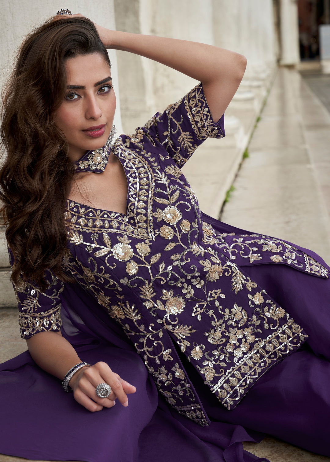 Eggplant Purple Organza Silk Palazzo Suit With Designer Dupatta