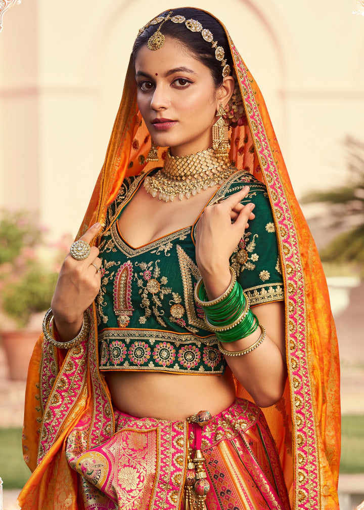 Tangerine Orange Banarasi Silk Lehenga With Golden zari work