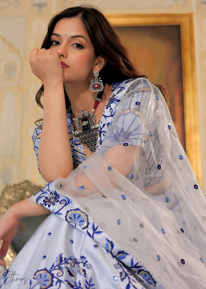Ice Blue Satin Silk Lehenga Choli