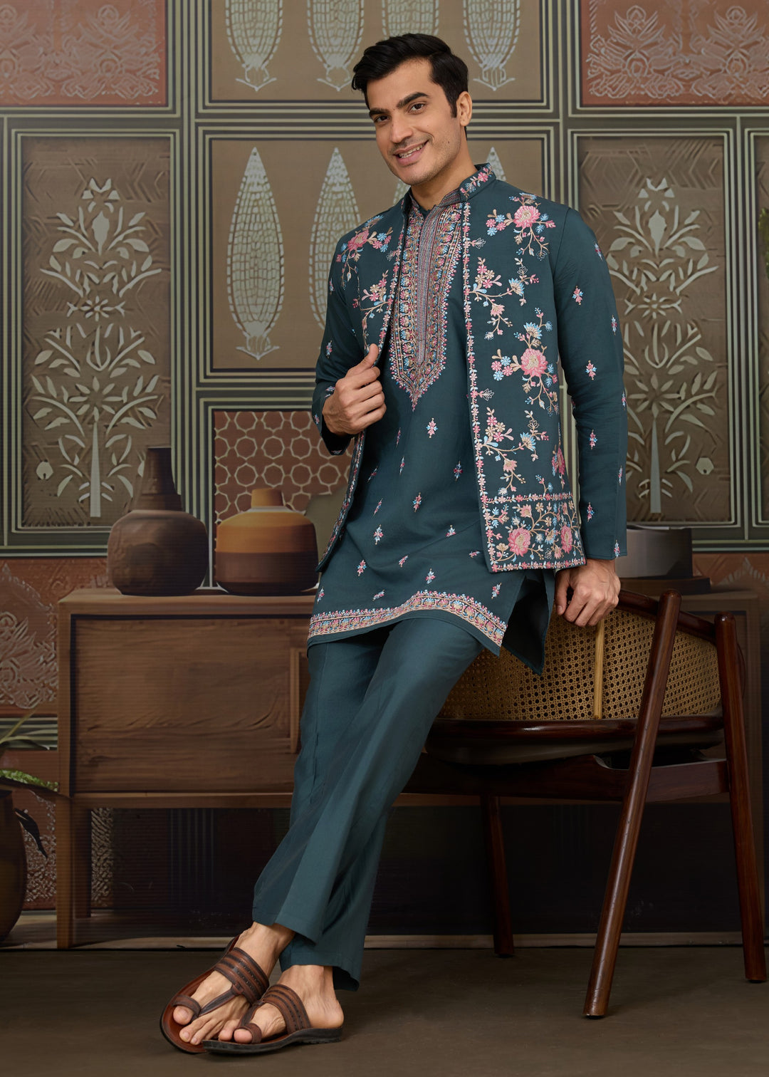 Rama Green Mens Wear Koti Style with Silk Kurta and Pajama