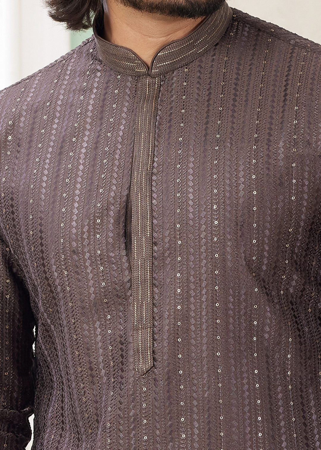 Mocha Brown Silk Mens Kurta Set With Thread Embroidery Work