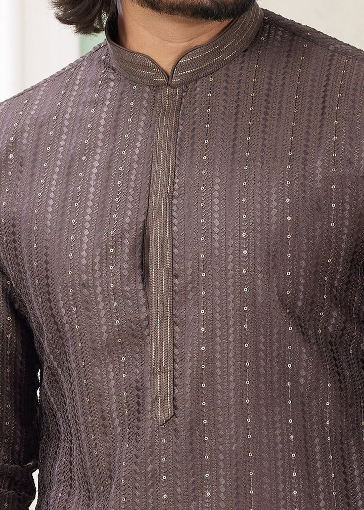 Mocha Brown Silk Mens Kurta Set With Thread Embroidery Work