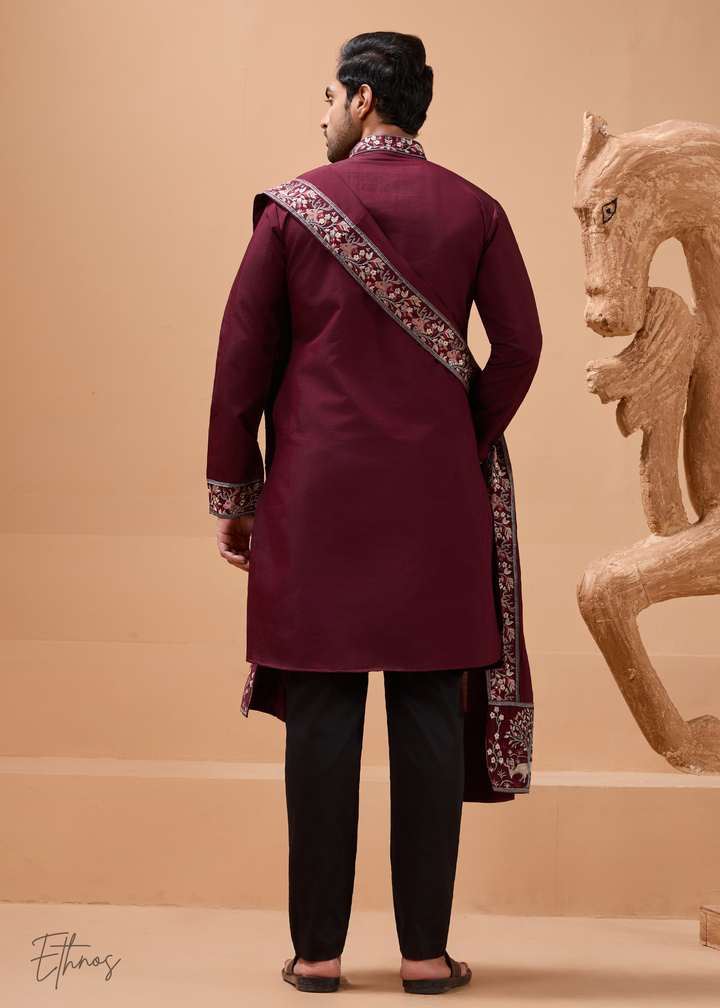 Maroon Mens Wear Silk Kurta With Pant And Dupatta