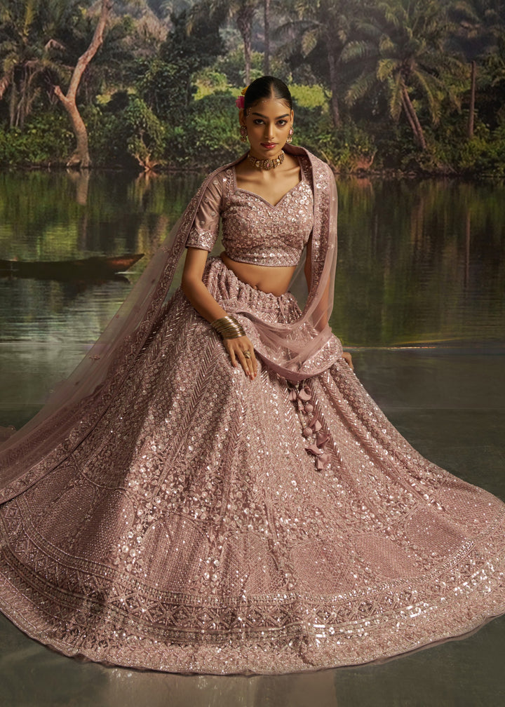 Mauve-pink Soft Net Lehenga with embroidery