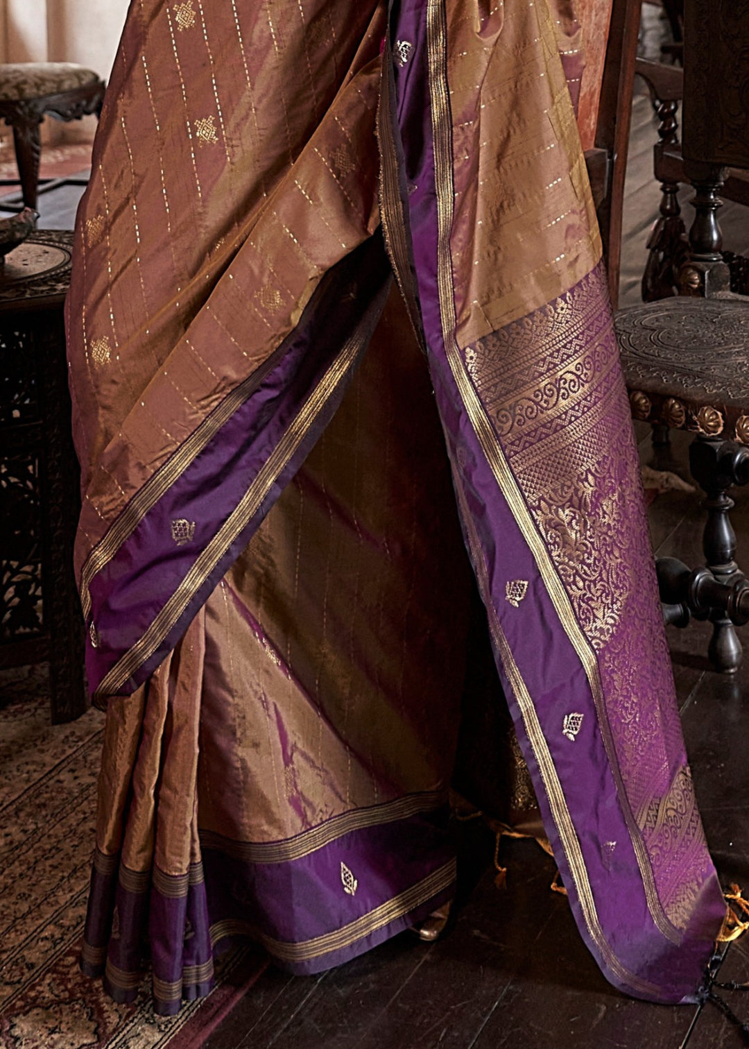 Brown Tussar Silk Handloom Weaving Saree