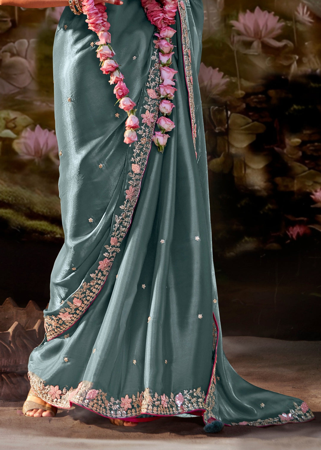 Pink And Grey Saree With Embroidery And Handwork Designer Cut Border