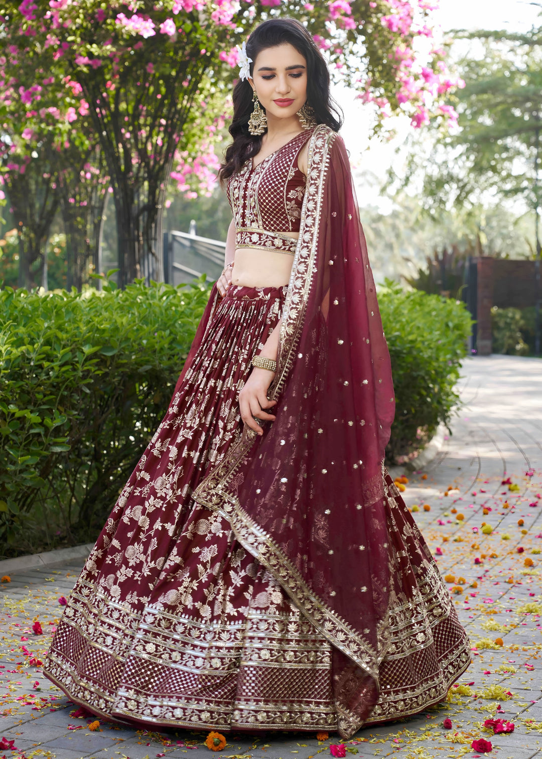 Maroon Sequins and Zari Embroidery Work Silk Lehenga