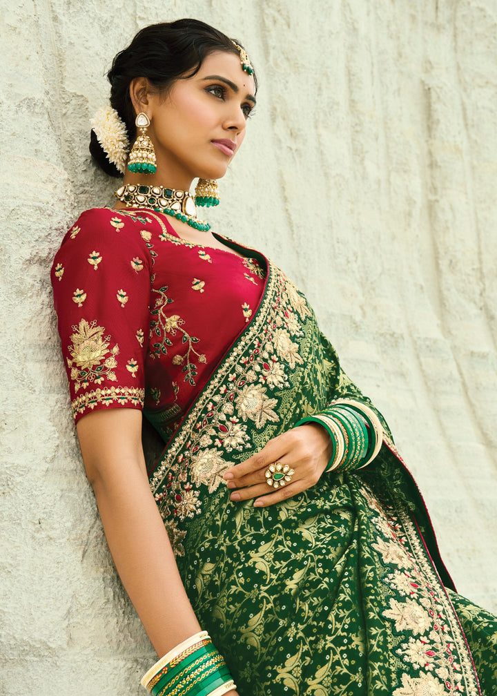 Forest Green Georgette Bandhej Saree With Moti & Cut-Dana Handwork Border